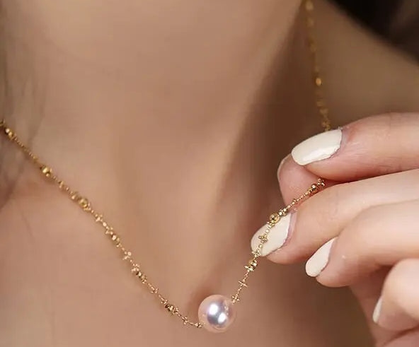 Unique Design 18K Chain with Akoya Pearl Necklace, 18K Yellow Gold Necklace, Christmas Gift Idea Etsy