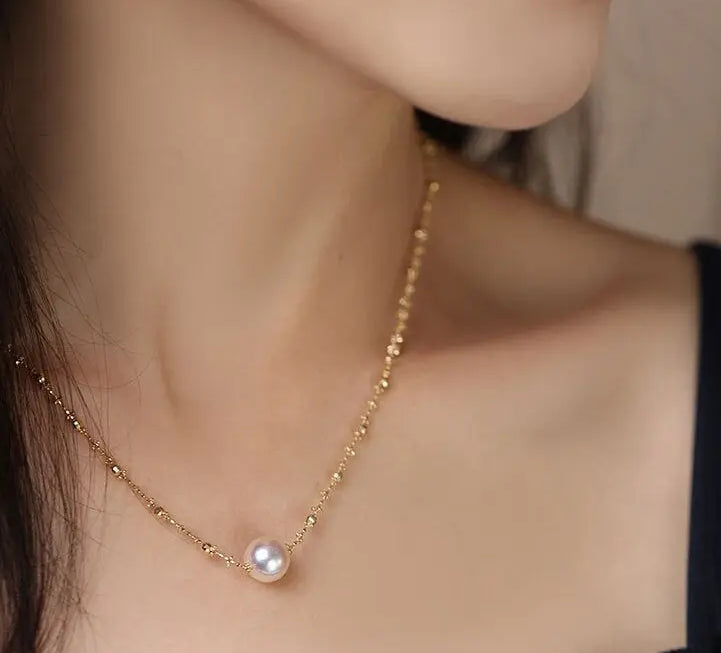Unique Design 18K Chain with Akoya Pearl Necklace, 18K Yellow Gold Necklace, Christmas Gift Idea Etsy