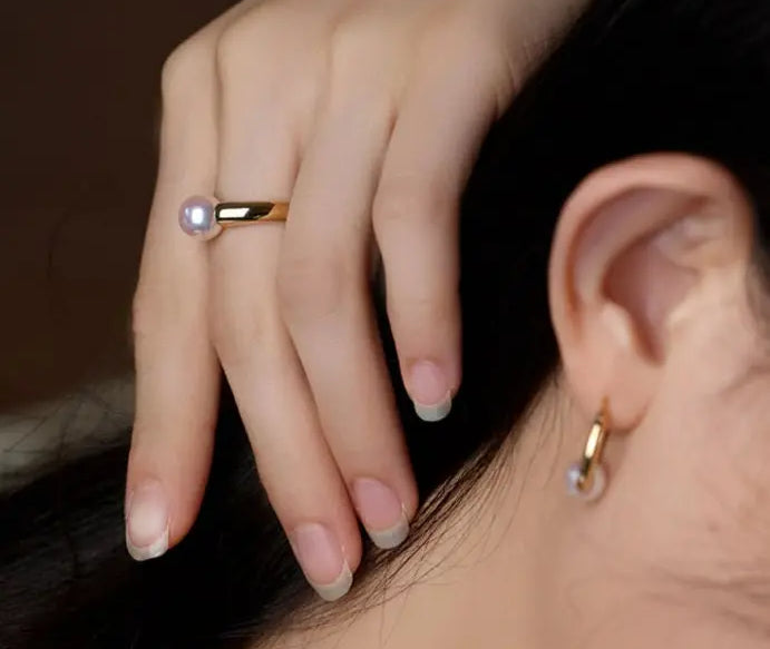 18K Gold Akoya Pearl Ring Earrings Set - Yellow Gold Etsy
