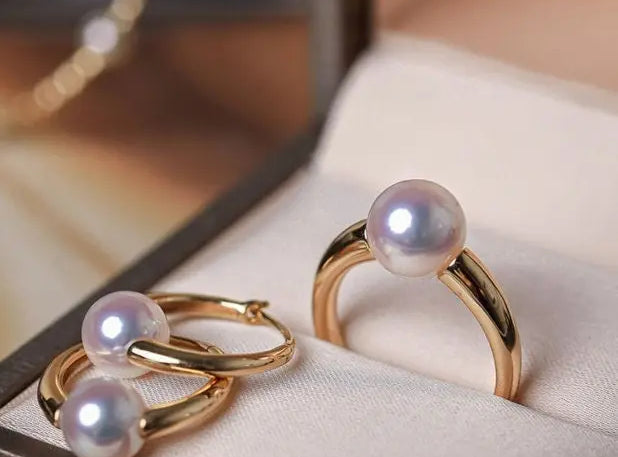18K Gold Akoya Pearl Ring Earrings Set - Yellow Gold Etsy