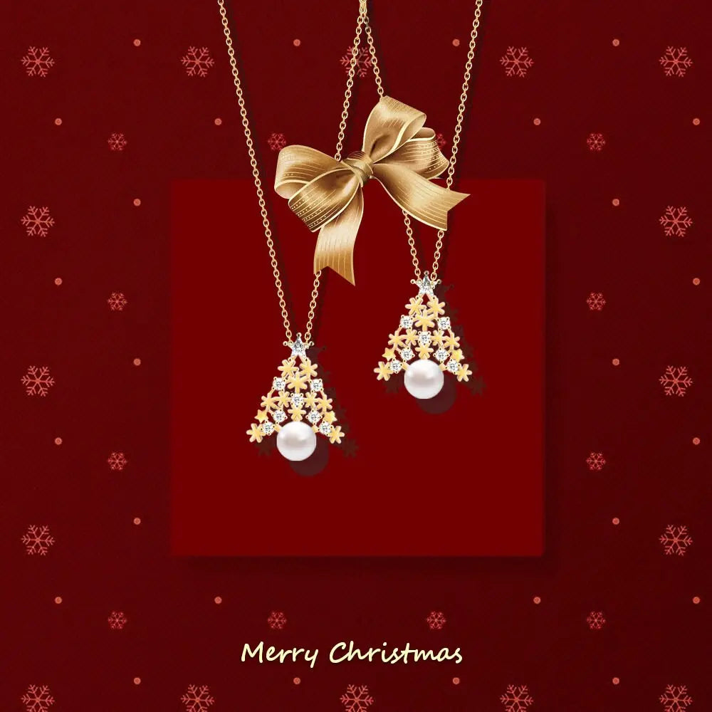 Christmas Tree Necklace, Freshwater White Pearl & White Diamond Necklace Handmade 18k Gold Plated Vermeil Necklace, Anniversary Gift Idea - LaCorserArtJewelry