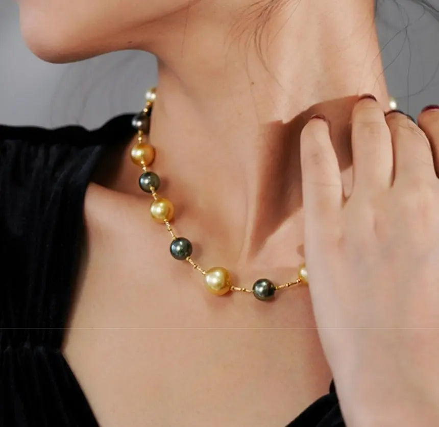 AAAA+ 12mm Tahitian Peacock Green Pearls Beaded Necklace, 14K Yellow Gold Etsy
