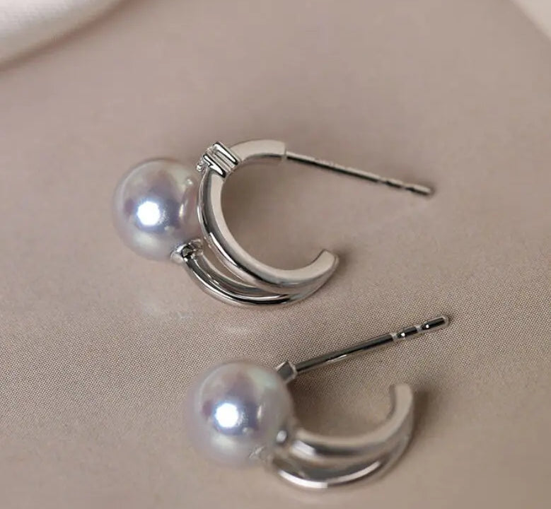 5A+ Madama Akoya Pearl Loop 18K Gold Earrings, Natural White Diamonds Pearl Earrings, 18K White Gold Pearl Earrings Etsy