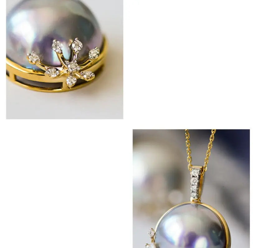 AAA+ Akoya Mabe Pearl Diamonds Necklace - 18K Yellow Gold Etsy