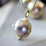 Superior Akoya Mabe Pearl & White Diamonds 18K Necklace, 18K Solid Yellow Gold Necklace, Silver Blue Pearl Necklace Earrings Etsy