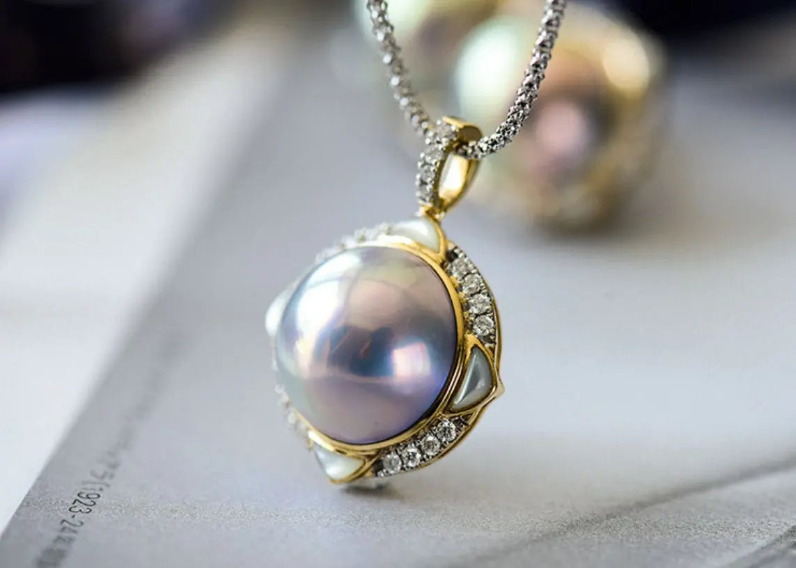 Superior Akoya Mabe Pearl & White Diamonds 18K Necklace, 18K Solid Yellow Gold Necklace, Silver Blue Pearl Necklace Earrings Etsy