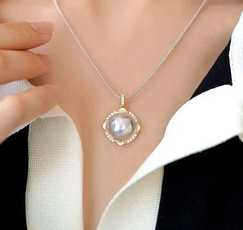 Superior Akoya Mabe Pearl & White Diamonds 18K Necklace, 18K Solid Yellow Gold Necklace, Silver Blue Pearl Necklace Earrings Etsy