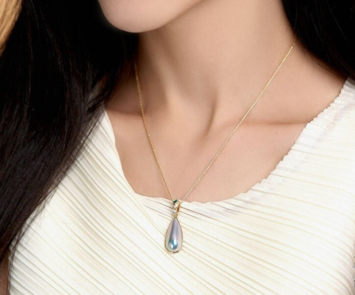 Teardrop Mabe Pearl & Emerald 18K Necklace, 18K Solid Yellow Gold Baroque Pearl Necklace, Retro Pearl Necklace Etsy