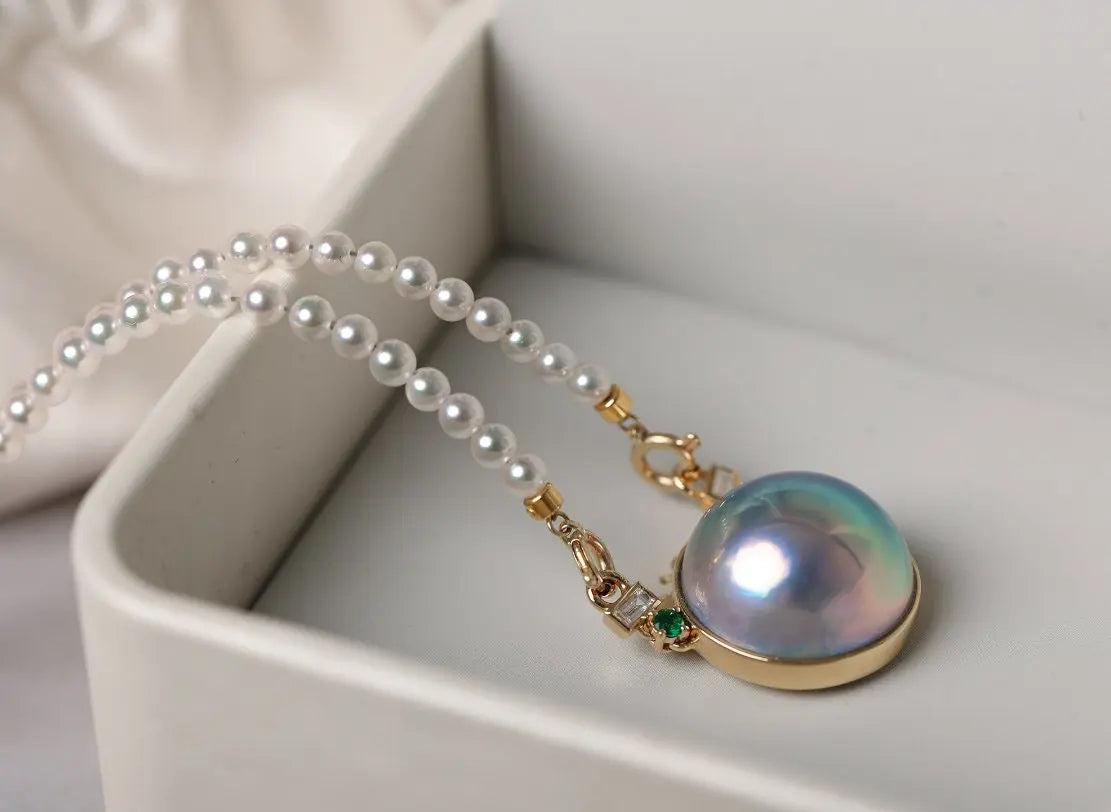 Akoya Mabe Pearl Emerald Necklace - 18K Yellow Gold Etsy
