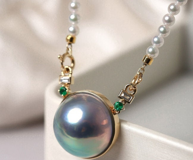 Japan Akoya Mabe Pearl & Emerald 18K Necklace, 18K Solid Yellow Gold Necklace, Italy Style Pearl Necklace Etsy