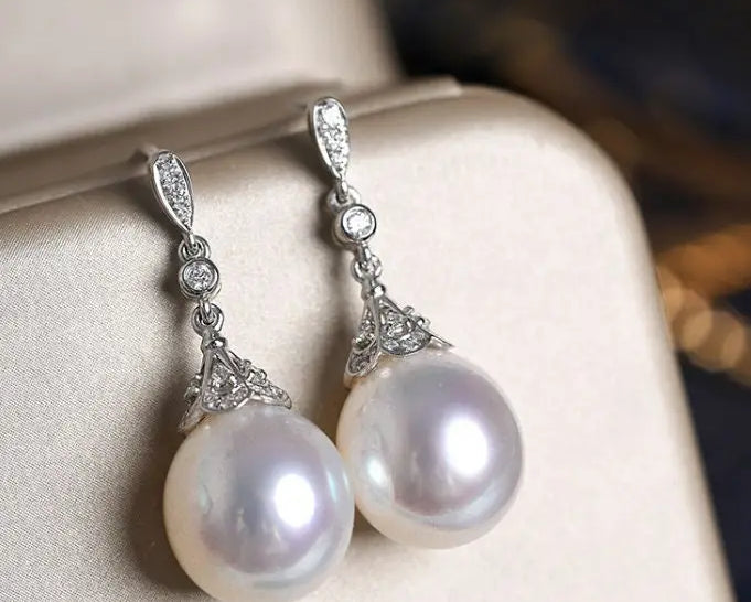 13mm Natural South Sea White Pearls & White Diamond Drop Earrings, 18k Solid White Gold White Earrings, Classic Retro Pearl Earrings Etsy