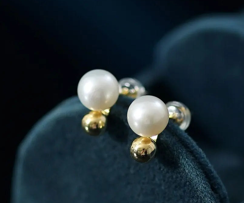7-8mm Natural High Luster White Pearls Earrings, 18k Gold Plated Vermeil Stud Earrings, Golden Ball Earrings, Anniversary Gift Idea Etsy
