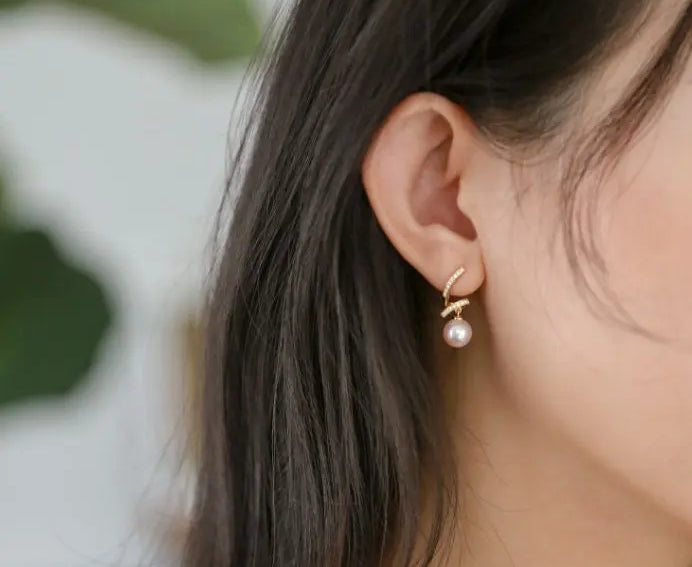 5A+ Japan Akoya Pearl Free Form Earrings, 18k Solid Yellow Gold Whirl Earrings, Natural White Diamonds Earrings, Christmas Gift Idea for GF Etsy