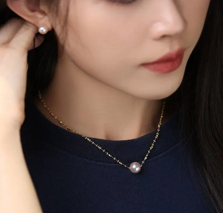 Unique Design 18K Chain with Akoya Pearl Necklace, 18K Yellow Gold Necklace, Christmas Gift Idea Etsy
