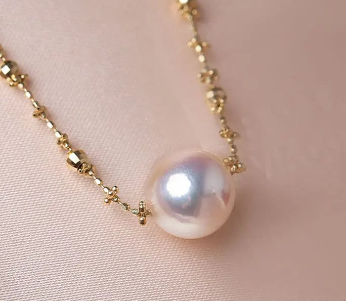 Unique Design 18K Chain with Akoya Pearl Necklace, 18K Yellow Gold Necklace, Christmas Gift Idea Etsy