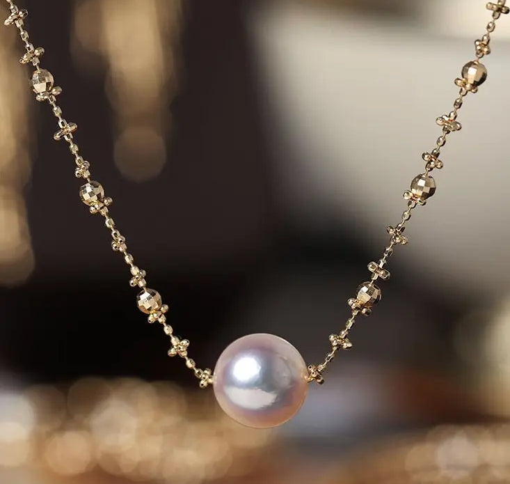 Unique Design 18K Chain with Akoya Pearl Necklace, 18K Yellow Gold Necklace, Christmas Gift Idea Etsy