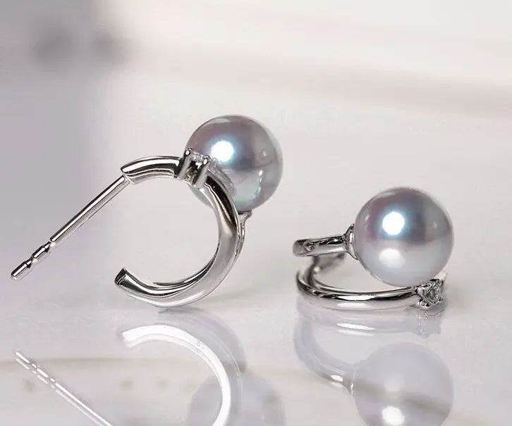 5A+ Madama Akoya Pearl Loop 18K Gold Earrings, Natural White Diamonds Pearl Earrings, 18K White Gold Pearl Earrings Etsy