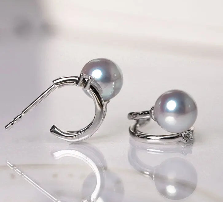 5A+ Madama Akoya Pearl Loop 18K Gold Earrings, Natural White Diamonds Pearl Earrings, 18K White Gold Pearl Earrings Etsy