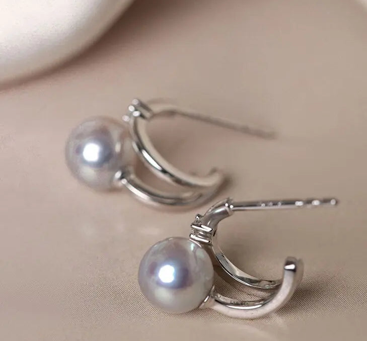 5A+ Madama Akoya Pearl Loop 18K Gold Earrings, Natural White Diamonds Pearl Earrings, 18K White Gold Pearl Earrings Etsy