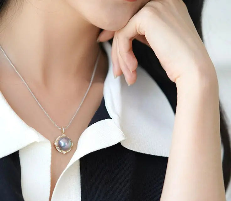 Superior Akoya Mabe Pearl & White Diamonds 18K Necklace, 18K Solid Yellow Gold Necklace, Silver Blue Pearl Necklace Earrings Etsy
