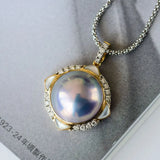 Superior Akoya Mabe Pearl & White Diamonds 18K Necklace, 18K Solid Yellow Gold Necklace, Silver Blue Pearl Necklace Earrings Etsy