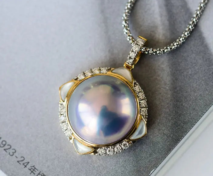Superior Akoya Mabe Pearl & White Diamonds 18K Necklace, 18K Solid Yellow Gold Necklace, Silver Blue Pearl Necklace Earrings Etsy