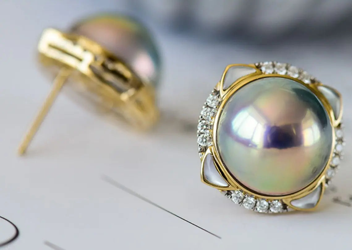 Superior Akoya Mabe Pearl & White Diamonds 18K Necklace, 18K Solid Yellow Gold Necklace, Silver Blue Pearl Necklace Earrings Etsy