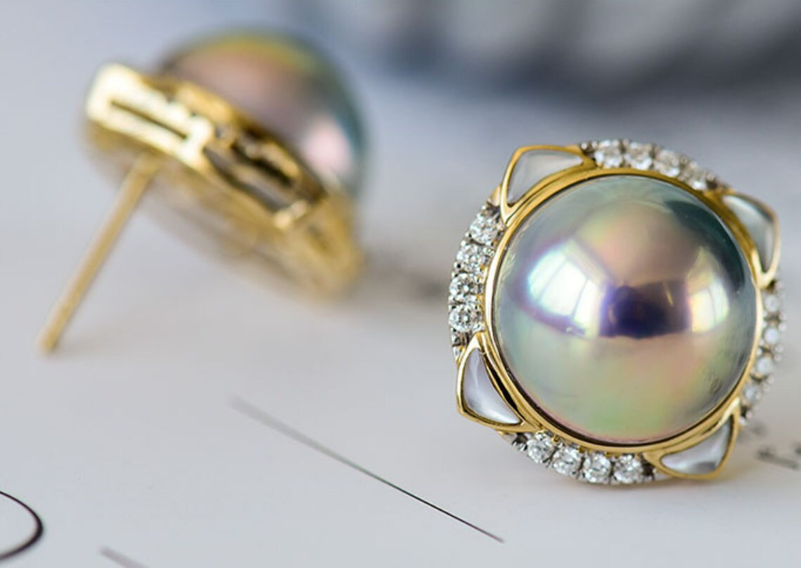 Superior Akoya Mabe Pearl & White Diamonds 18K Earrings, 18K Solid Gold Earrings, Silver Blue Pearl Jewelry Set Etsy
