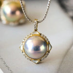 Superior Akoya Mabe Pearl & White Diamonds 18K Necklace, 18K Solid Yellow Gold Necklace, Silver Blue Pearl Necklace Earrings Etsy