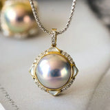 Superior Akoya Mabe Pearl & White Diamonds 18K Necklace, 18K Solid Yellow Gold Necklace, Silver Blue Pearl Necklace Earrings Etsy