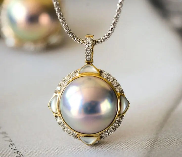 Superior Akoya Mabe Pearl & White Diamonds 18K Necklace, 18K Solid Yellow Gold Necklace, Silver Blue Pearl Necklace Earrings Etsy