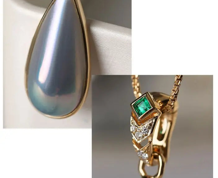 Baroque Mabe Pearl & Emerald 18K Necklace, 18K Solid Yellow Gold Necklace Etsy