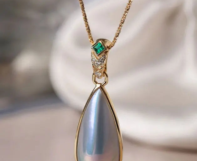 Teardrop Mabe Pearl  Emerald Necklace - 18K Yellow Gold Baroque Retro Pearl Jewelry Etsy