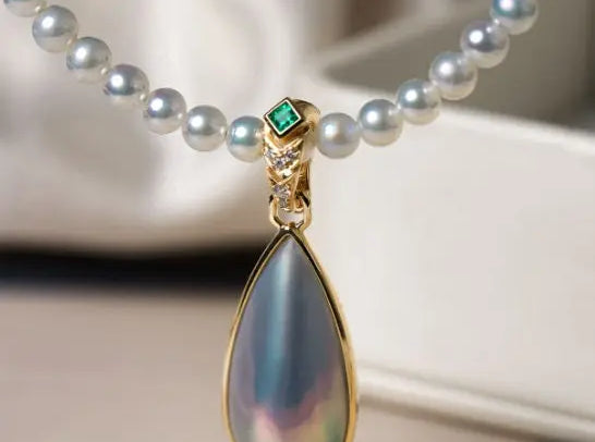 Teardrop Mabe Pearl  Emerald Necklace - 18K Yellow Gold Baroque Retro Pearl Jewelry Etsy