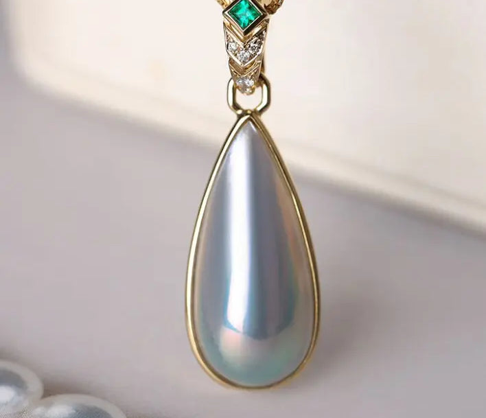 Baroque Mabe Pearl & Emerald 18K Necklace, 18K Solid Yellow Gold Necklace Etsy
