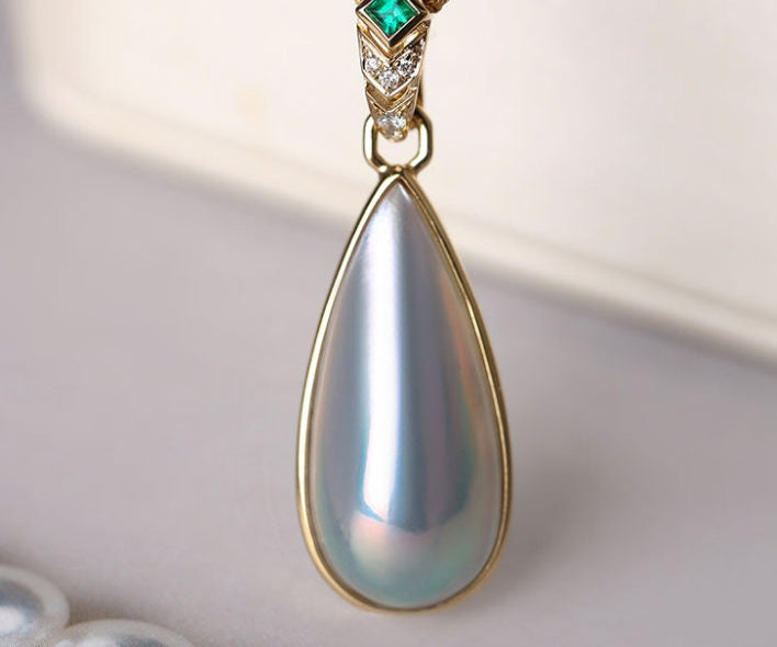 Teardrop Mabe Pearl & Emerald 18K Necklace, 18K Solid Yellow Gold Baroque Pearl Necklace, Retro Pearl Necklace Etsy