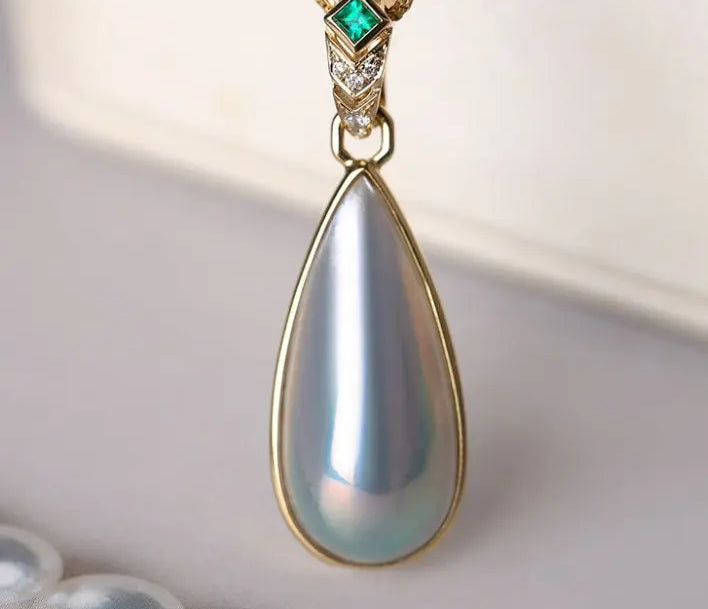 Teardrop Mabe Pearl  Emerald Necklace - 18K Yellow Gold Baroque Retro Pearl Jewelry Etsy
