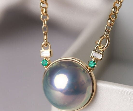 Japan Akoya Mabe Pearl & Emerald 18K Necklace, 18K Solid Yellow Gold Necklace, Italy Style Pearl Necklace Etsy