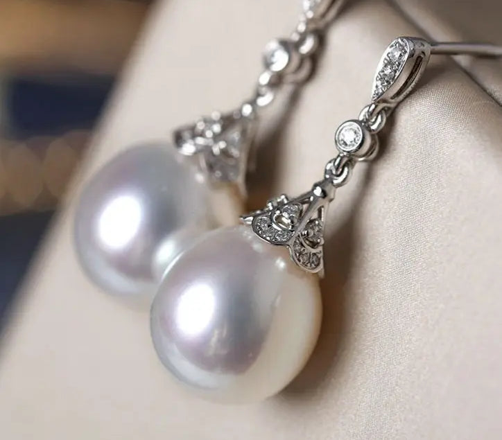 13mm Natural South Sea White Pearls & White Diamond Drop Earrings, 18k Solid White Gold White Earrings, Classic Retro Pearl Earrings Etsy