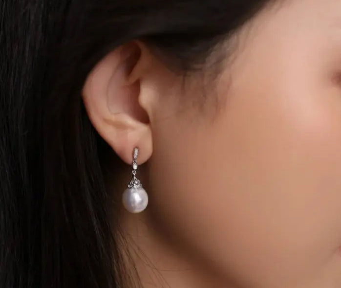 13mm Natural South Sea White Pearls & White Diamond Drop Earrings, 18k Solid White Gold White Earrings, Classic Retro Pearl Earrings Etsy
