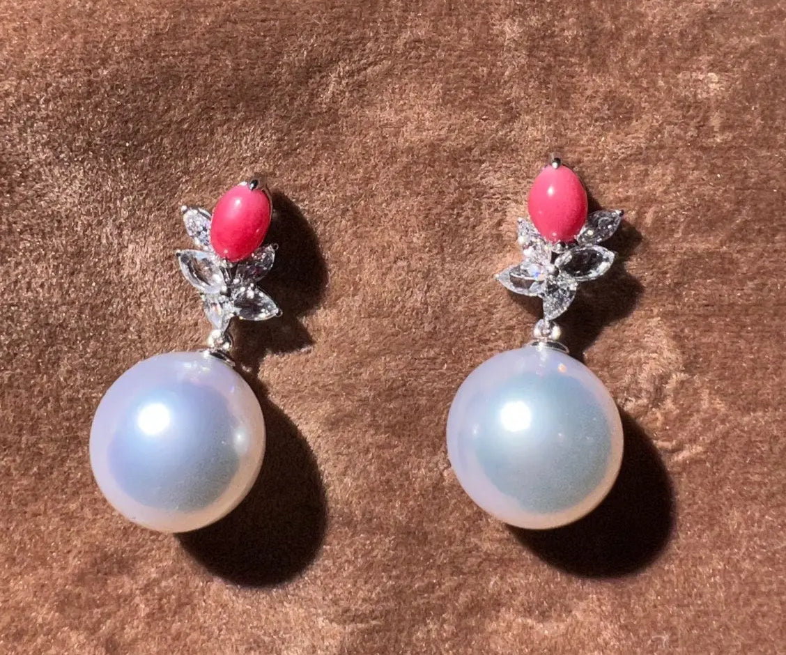 Queen Conch Pearl & South Sea White Pearl Drop Earring, 18K White Gold Pair Earrings, Pink White Pearl Jewerly SKU: 631 643 Etsy
