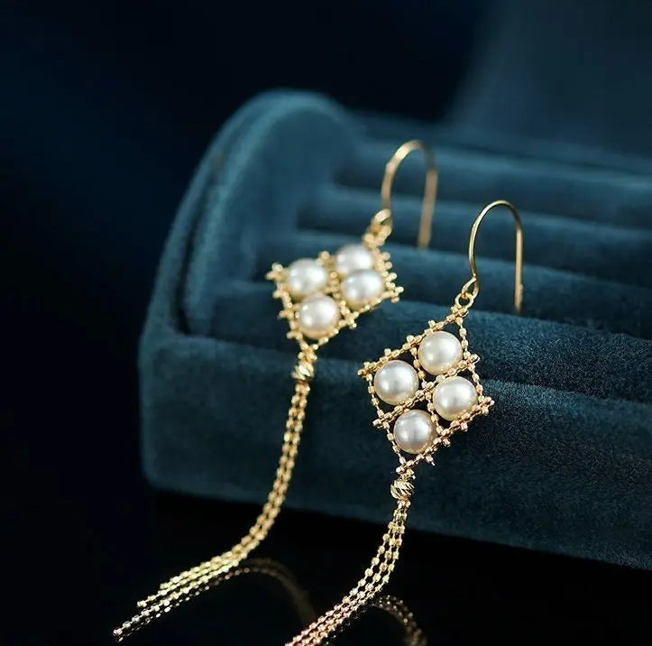 18K Yellow Gold  Natural Akoya Pearl from Japan Earrings, Handmade White Pink Pearl Tassel Earrings, Anniversary Gift Idea for Her Etsy