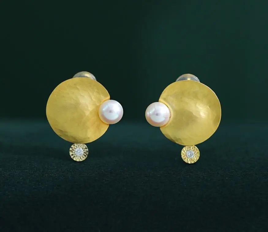 5A+ High Luster 5mm White Pink Pearl & Natural Diamond Earrings Handmade 18k Solid Yellow Gold Disc Earrings, Anniversary Gift Idea Etsy