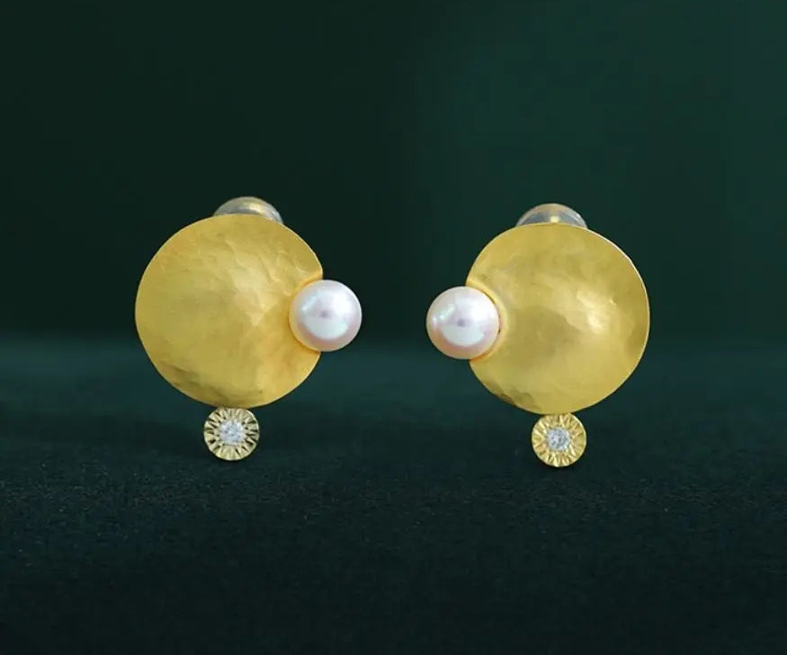 5A+ High Luster 5mm White Pink Pearl & Natural Diamond Earrings Handmade 18k Solid Yellow Gold Disc Earrings, Anniversary Gift Idea Etsy
