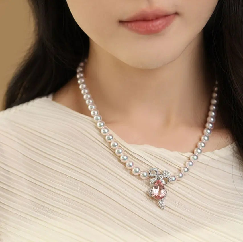 Akoya Pearls & Morganite Diamonds Necklace, 18k White Gold Pearls Jewellery, Birthstone Necklace, Akoya Pearl Necklace, Pink Gemstone Etsy