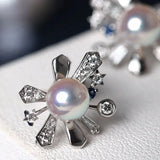 Galaxy Design Earrings with Akoya Pearl Art Deco Earrings, Natural White Diamonds Studs Earrings, 18K White Gold Blue Sapphire Earrings Etsy
