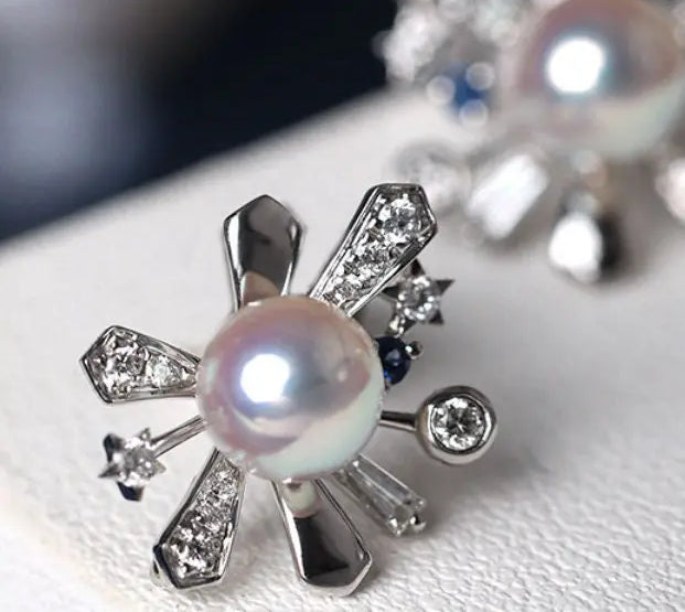 Galaxy Design Earrings with Akoya Pearl Art Deco Earrings, Natural White Diamonds Studs Earrings, 18K White Gold Blue Sapphire Earrings Etsy