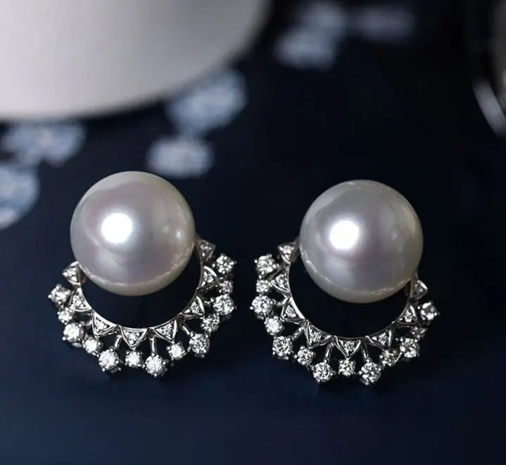 Finest Quality Australian South Sea White Pearl 18k Earrings, Natural White Diamonds 18K Solid White Gold Earrings, Two in one Stud Earrings Etsy