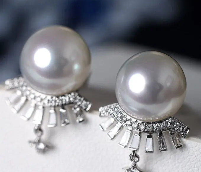 Huge Australian South Sea White Pearl 18k Earrings, Cluster White Diamonds Earrings, 18K Solid White Gold Earrings, Seawater White Pearls Etsy