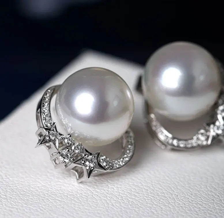 Ballerina Design Diamonds 18k Earrings, Australia Natural Pearls Earrings, Trapezoid cut White Diamonds Earring Etsy